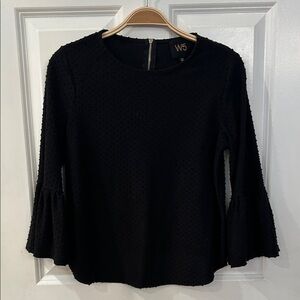 W5 Black Textured Blouse with Flared Sleeves